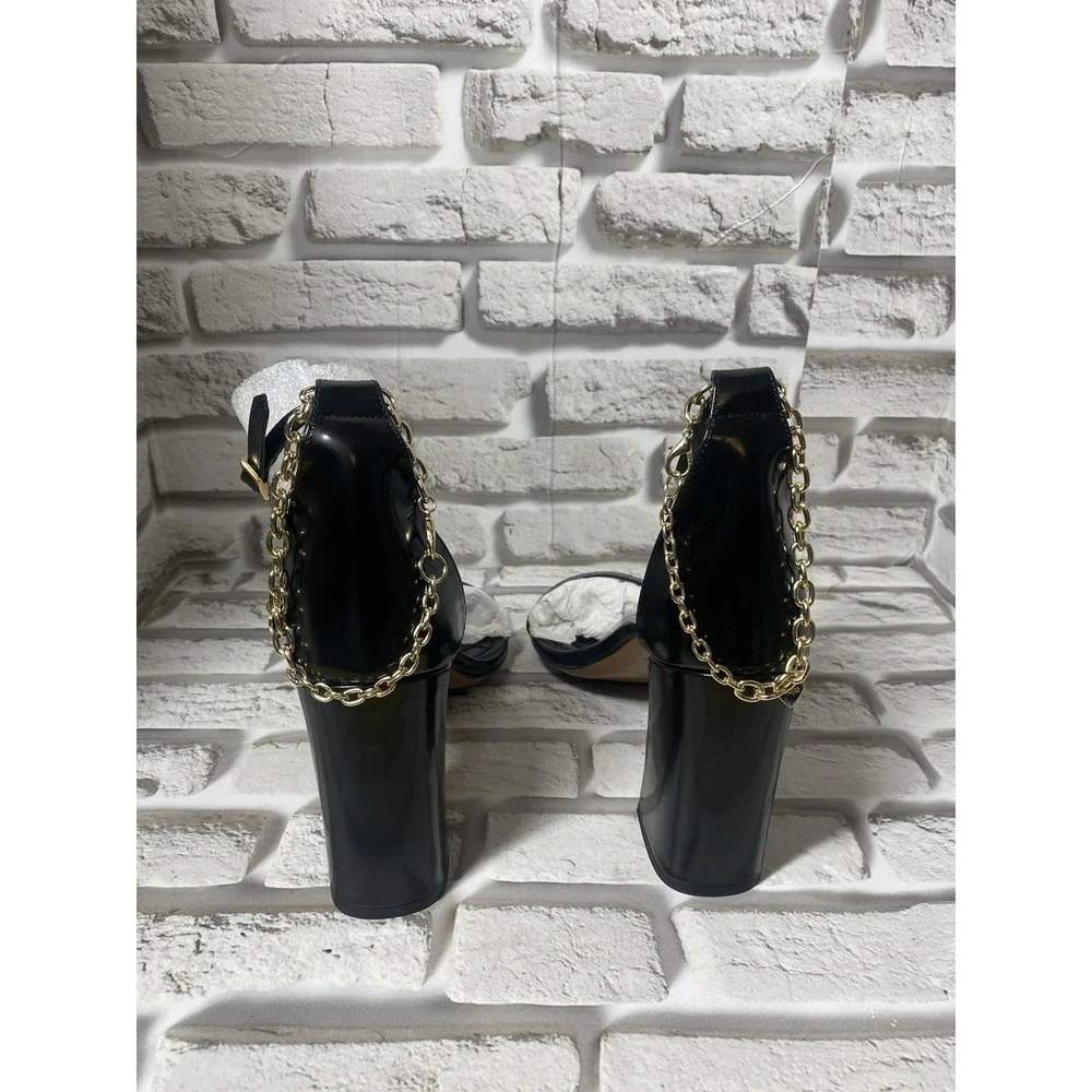 Maje High Heel Sandals‎ with Gold-Tone Chain Black Leather Women's Size 11